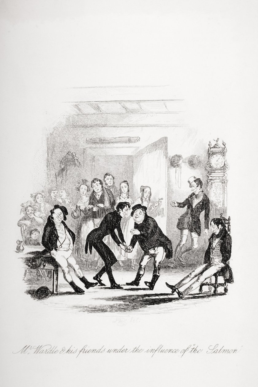Mr. Wardle og hans venner under indflydelse af laksen, illustration fra `The Pickwick Papers