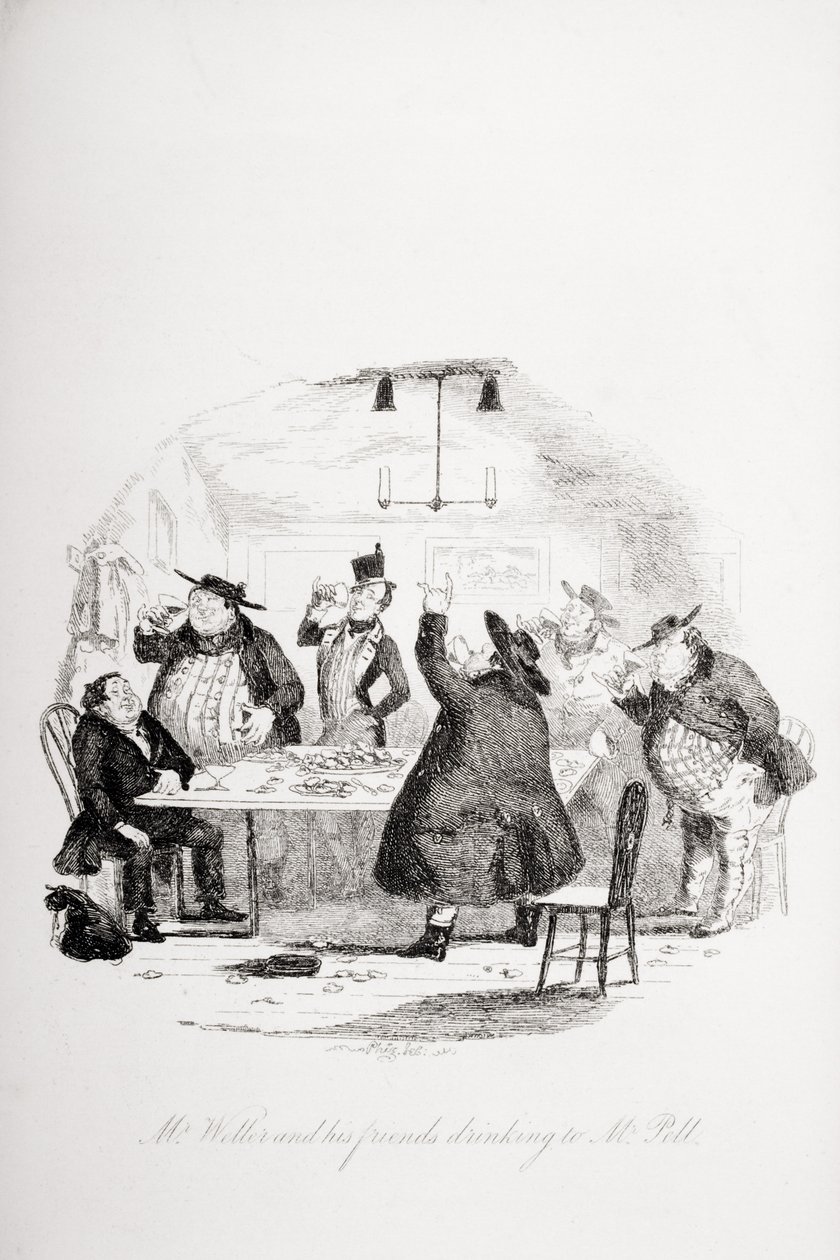Mr. Weller og hans venner drikker til Mr. Pell, illustration fra `The Pickwick Papers