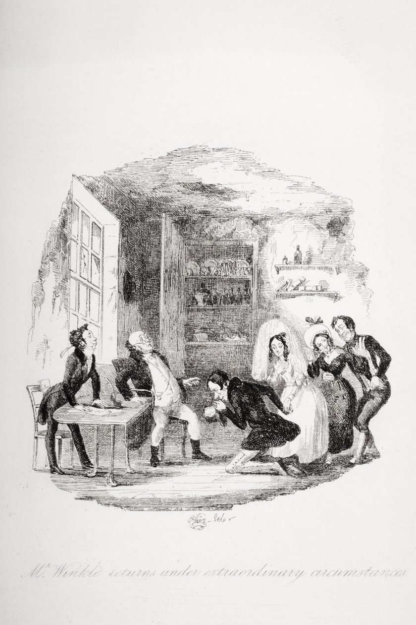 Mr. Winkle vender tilbage under ekstraordinære omstændigheder, illustration fra `The Pickwick Papers
