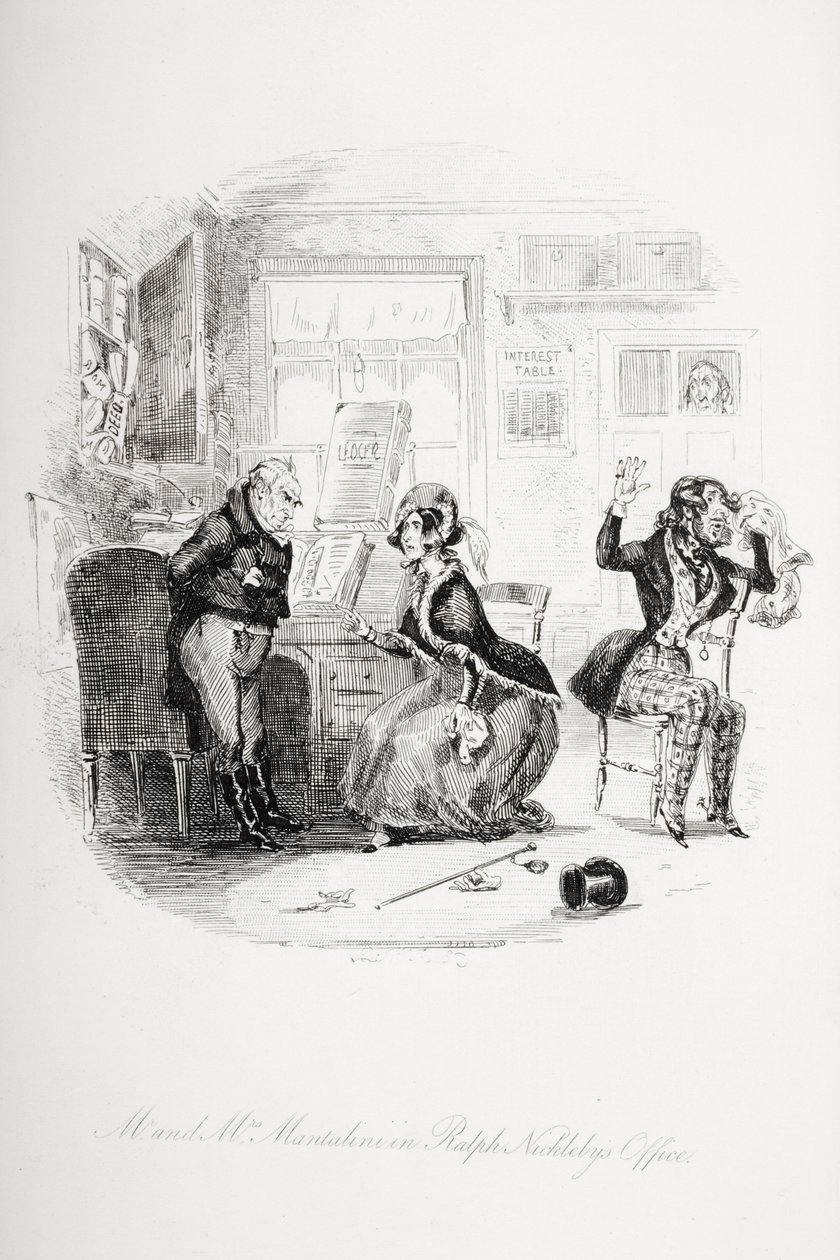 Mr. og Mrs. Mantalini på Ralph Nicklebys kontor mellem Sir Mulberry og hans elev, illustration fra `Nicholas Nickleby
