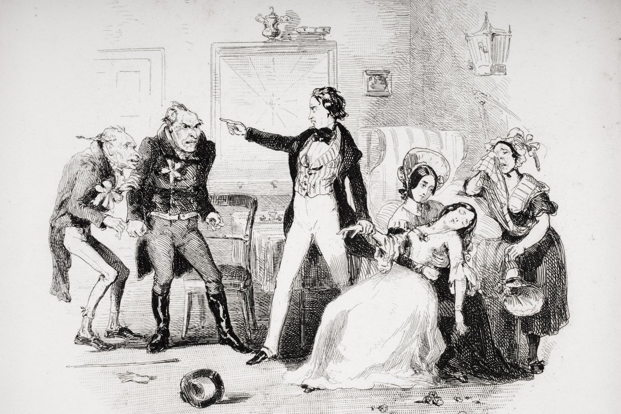 Nicholas lykønsker Arthur Gride med hans bryllupsmorgen, illustration fra `Nicholas Nickleby