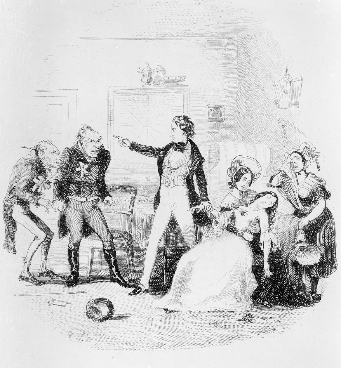 Nicholas lykønsker Arthur Gride med hans bryllupsmorgen, illustration fra `Nicholas Nickleby