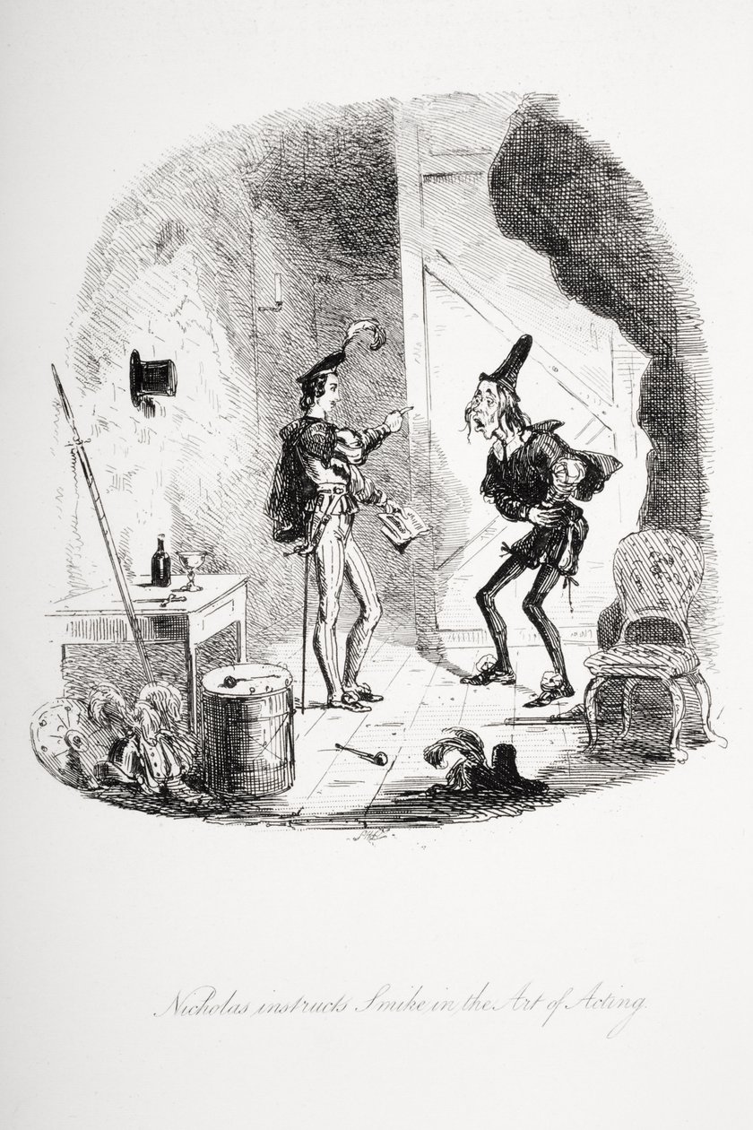 Nicholas instruerer Smike i skuespillets kunst, illustration fra `Nicholas Nickleby