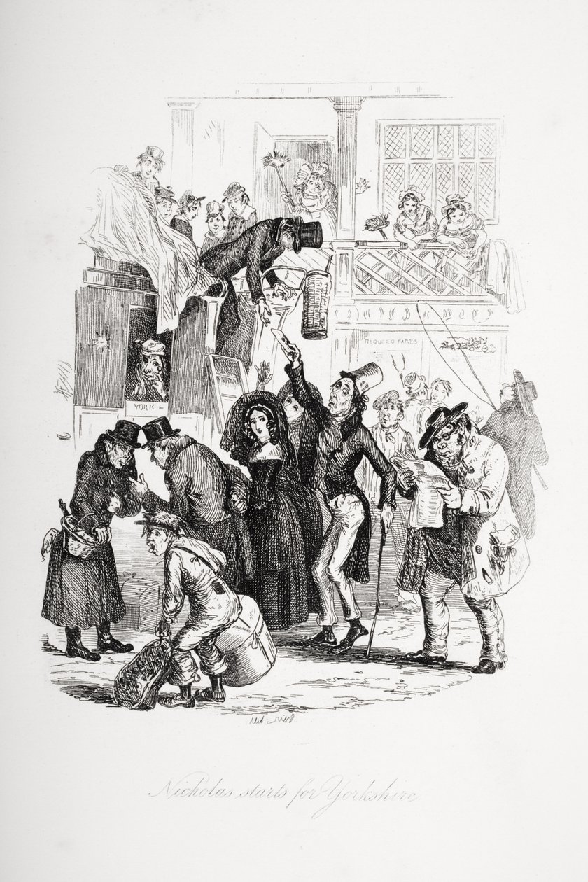 Nicholas starter for Yorkshire, illustration fra `Nicholas Nickleby