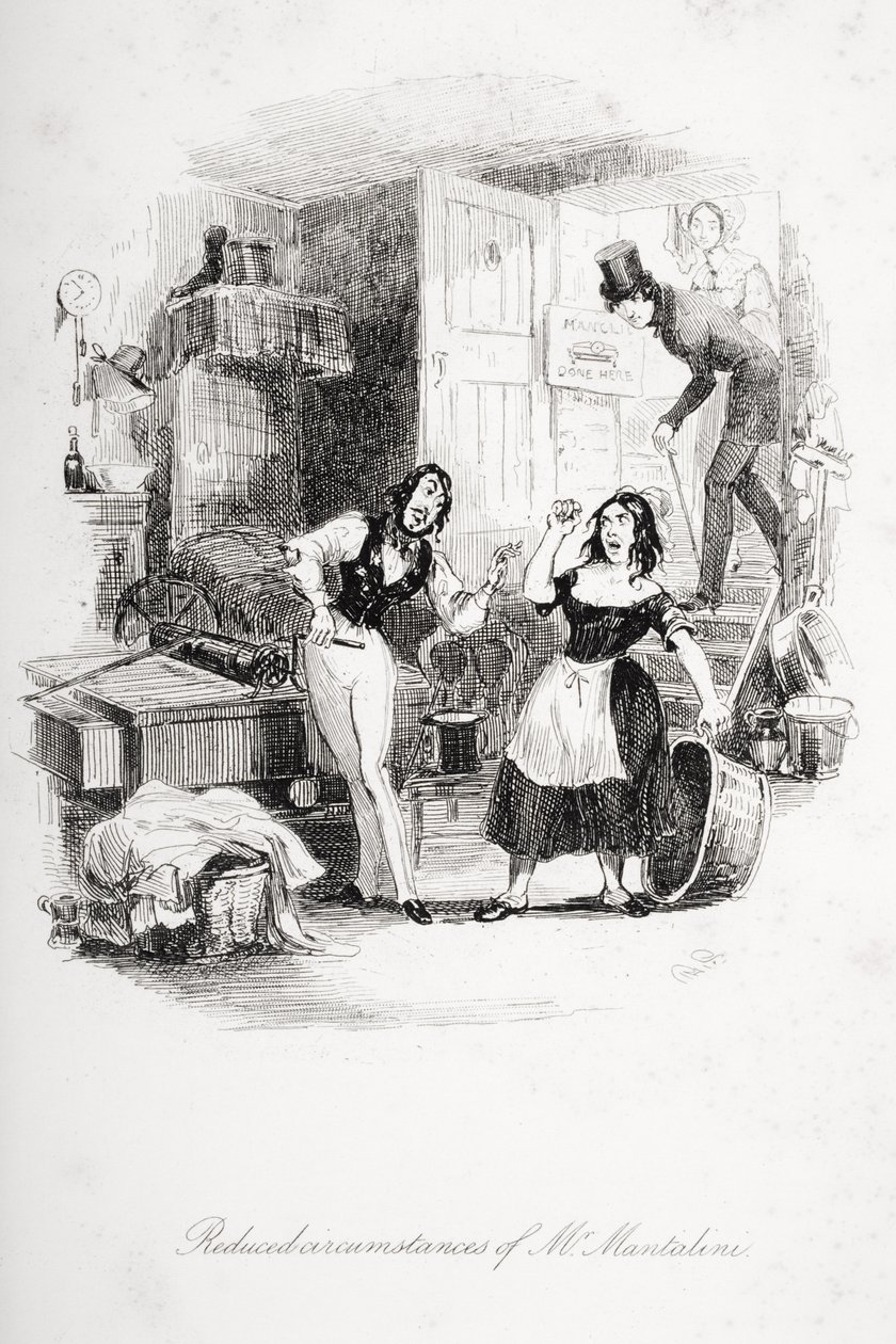 Reducerede omstændigheder for hr. Mantalini, illustration fra `Nicholas Nickleby