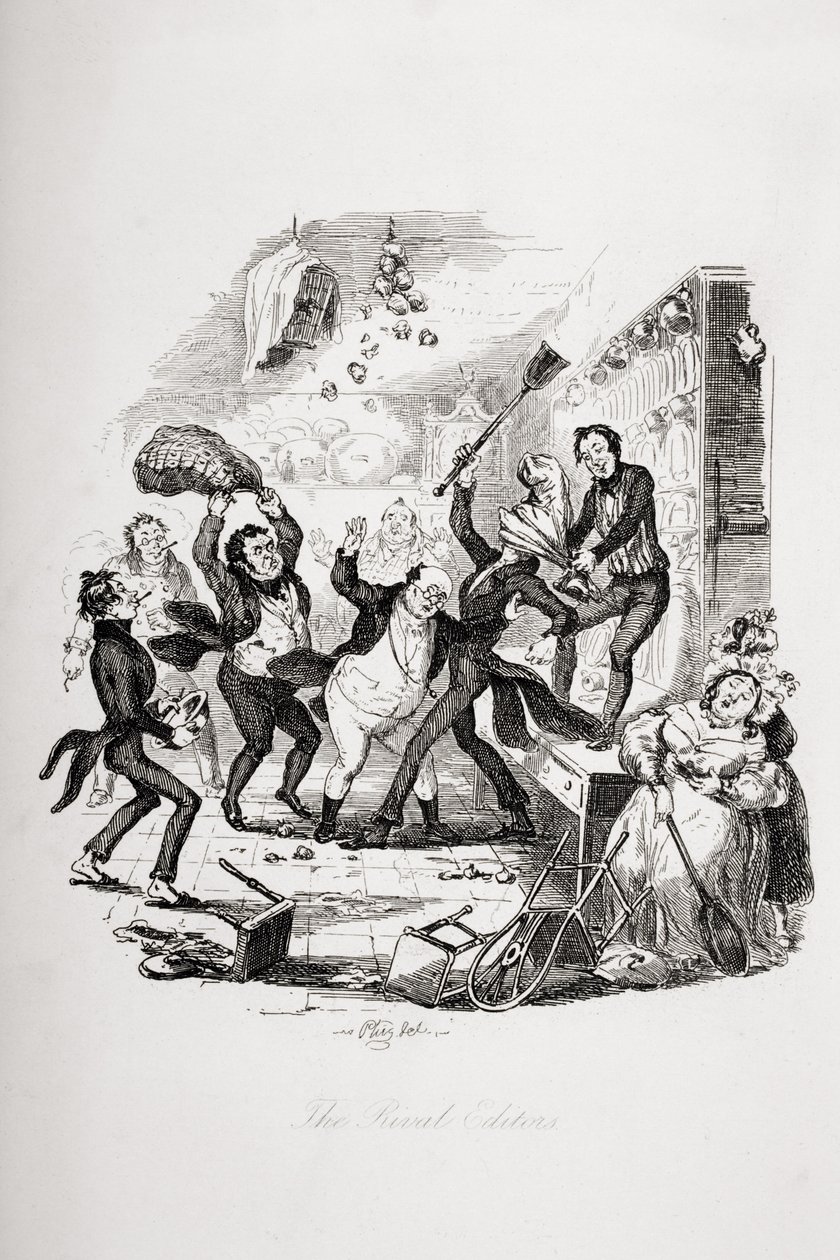 De rivaliserende redaktører, illustration fra "Pickwick Papers" af Charles Dickens (1812-70) udgivet i 1837 af Hablot Knight Browne