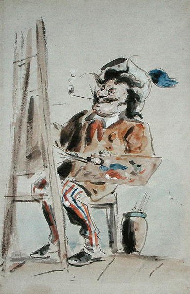 Karikatur af en kunstner (akvarel på papir) af Hablot Knight Browne