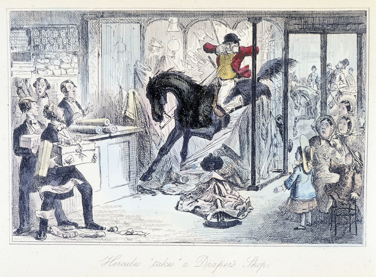 Hestejæger kommer ved et uheld ind i en stofbutik. Engelsk tegneserie om jagt tager fra "" eventyr af Thomas Scott eller Hawbuck Grange"" illustration af H.K. Browne og W.T. Maud. af Hablot Knight Browne