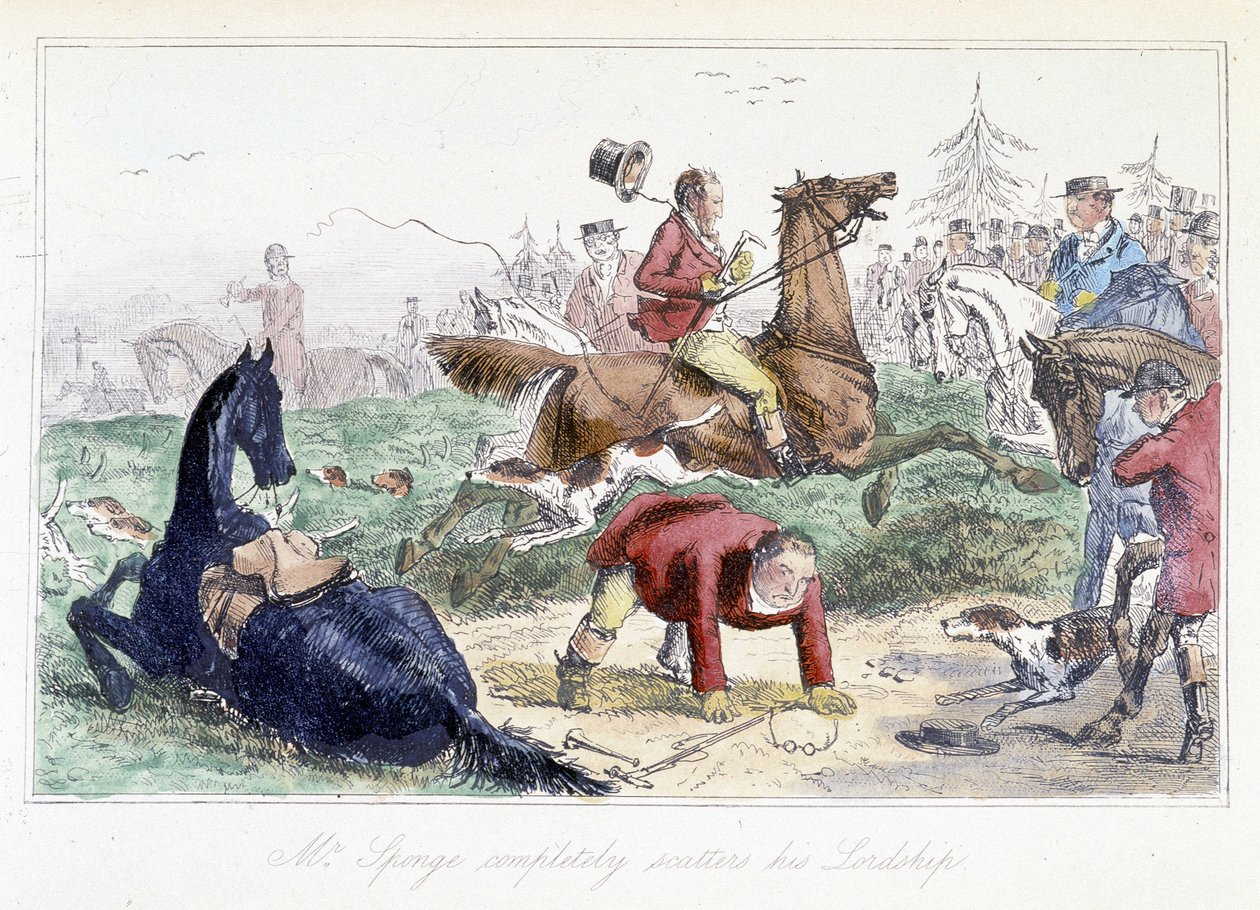 Hunter falder fra sin hest. Engelsk tegnefilm fra Thomas Scotts eller Hawbuck Granges eventyr”, illustration af H.K. Browne og W.T. Maud. af Hablot Knight Browne