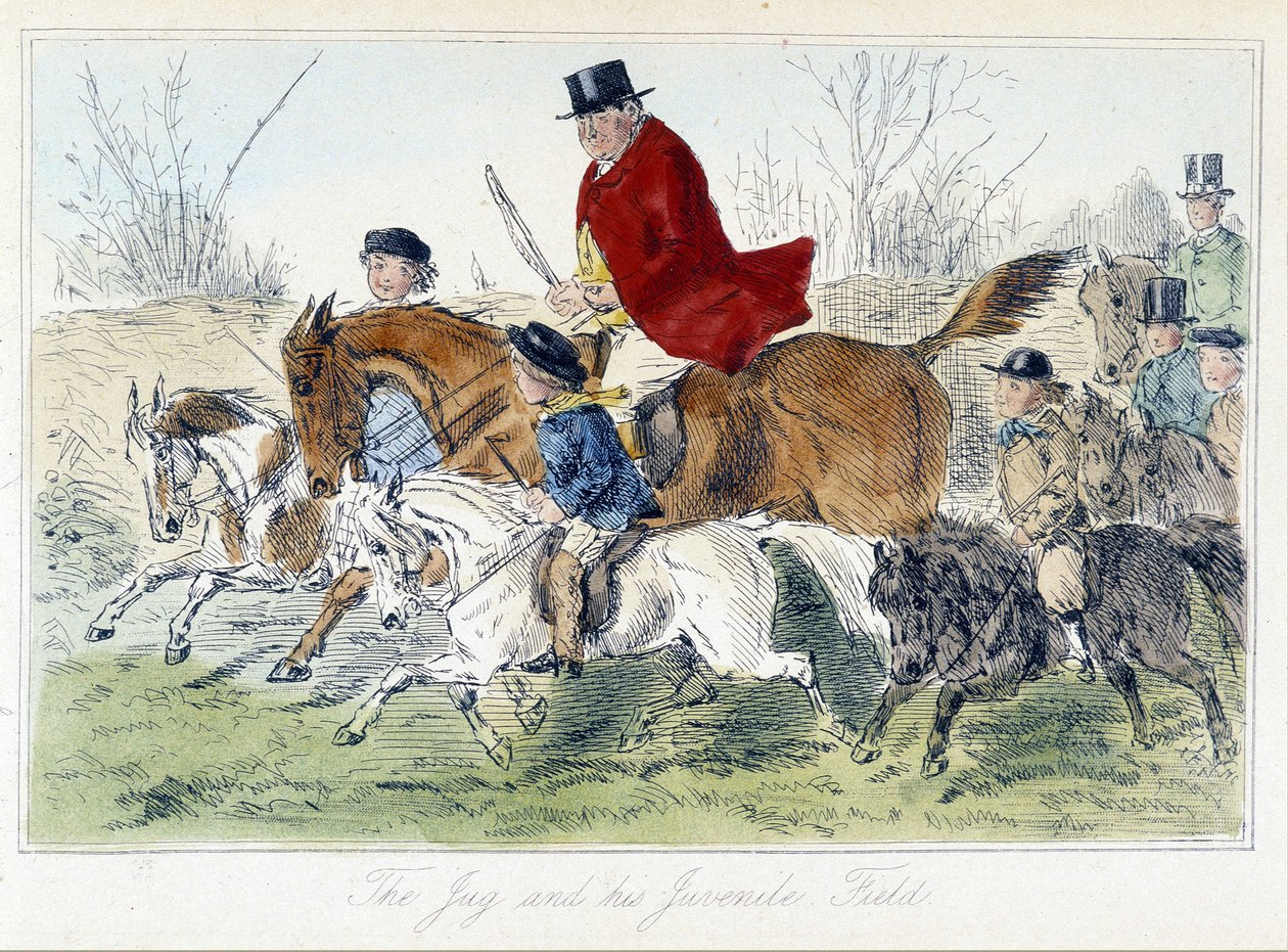 Jagtscene, engelsk karikatur om rævejagt henter fra "" eventyr af Thomas Scott eller Hawbuck Grange", illustration af H.K. Browne og W.T. Maud. af Hablot Knight Browne