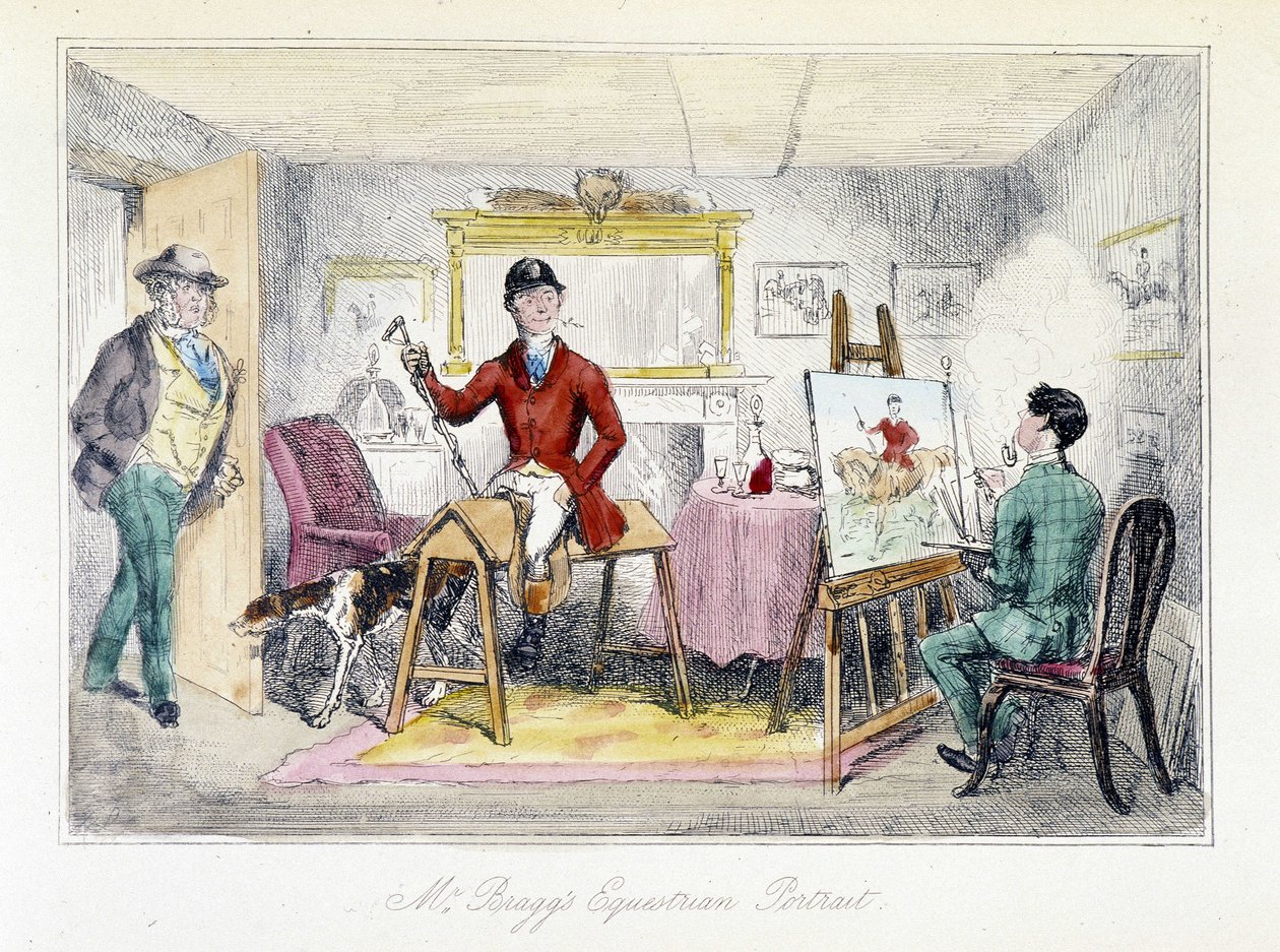 Maler, der realiserer rytterportrættet af hr. Bragg i "The Adventures of Thomas Scott", illustration af H.K. Browne og W.T. Maud. Engelsk tegneserie om rævejagt. af Hablot Knight Browne