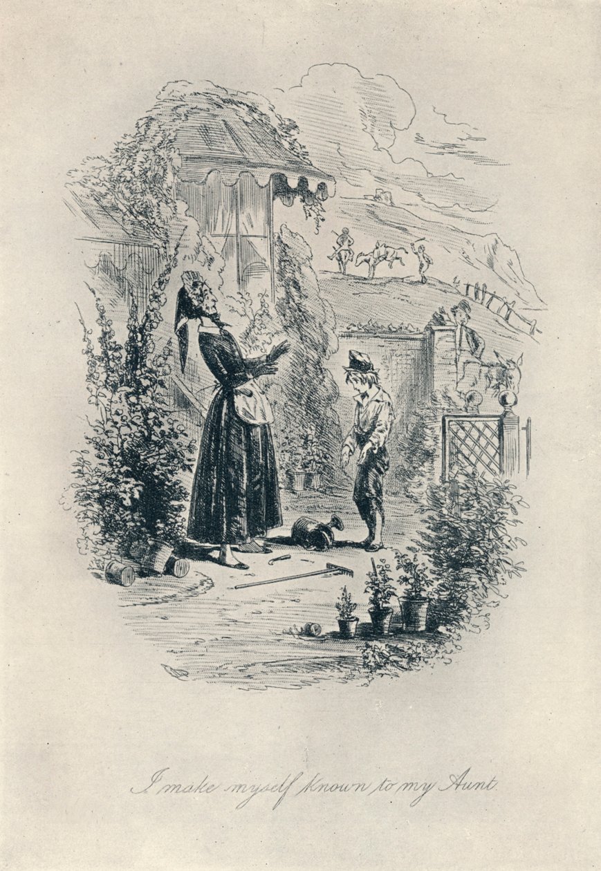 Jeg gør mig kendt for min tante. Radering fra David Copperfield, c1840-1880, 1923 af Hablot Knight Browne