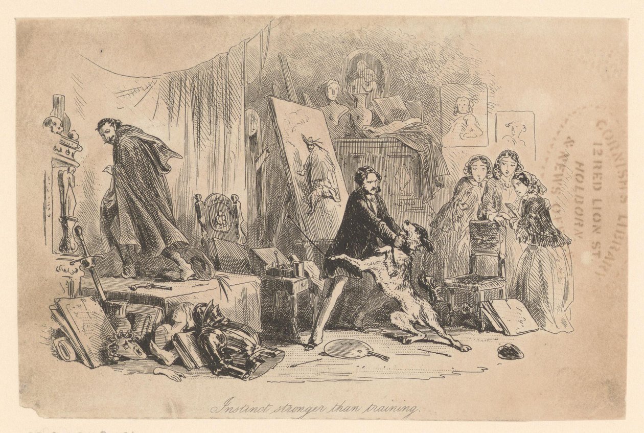 I sit atelier holder Henry Gowan sin hund tilbage, da den netop har genkendt forbryderen Rigaud af Hablot Knight Browne