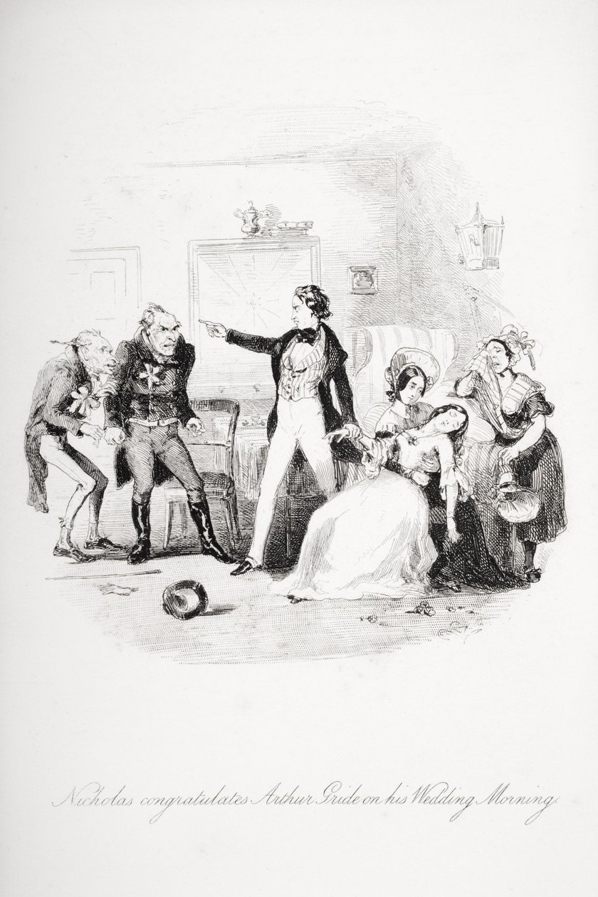Nicholas lykønsker Arthur Gride med hans bryllupsmorgen, illustration fra `Nicholas Nickleby