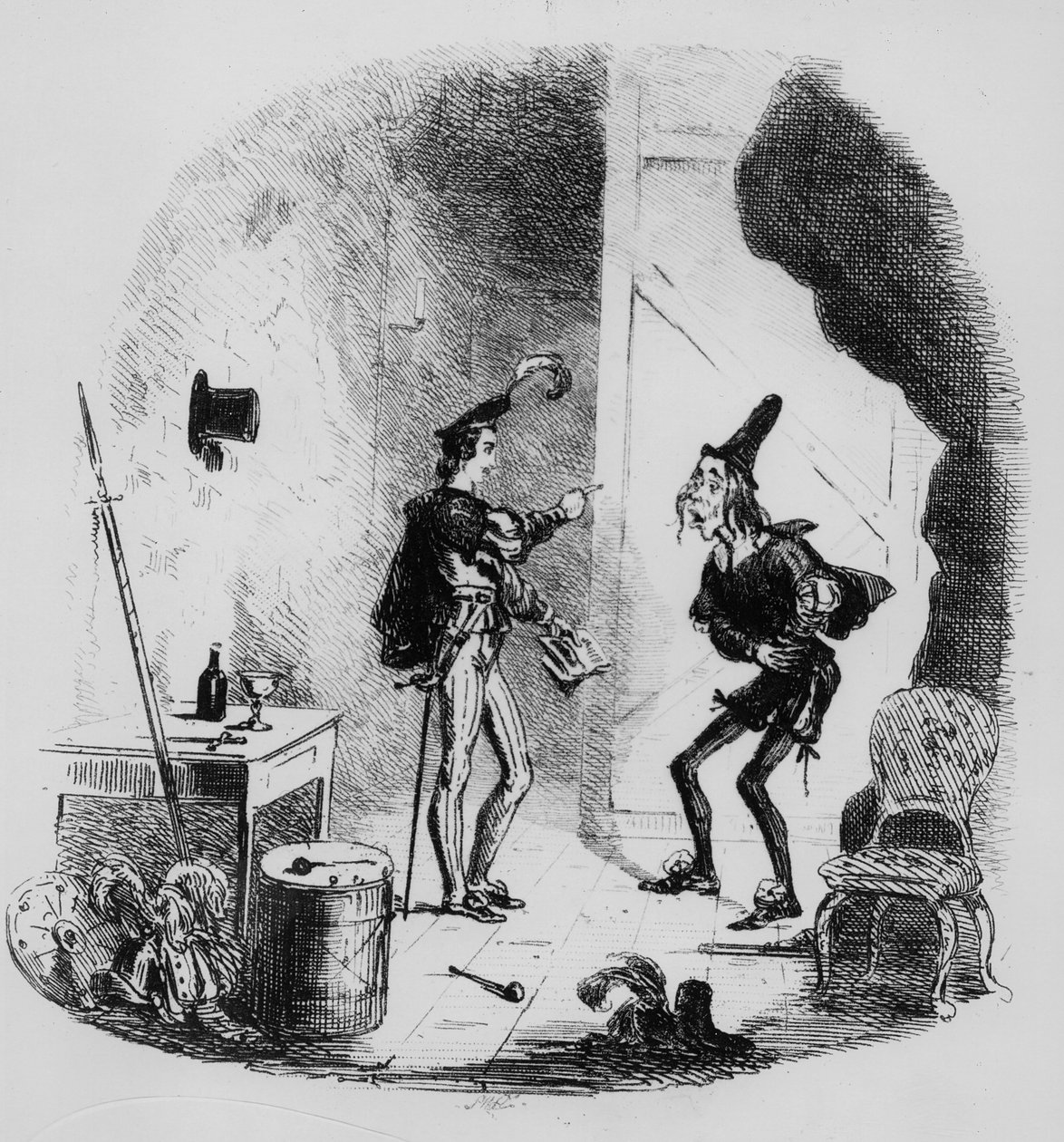 Nicholas instruerer Smike i skuespilkunsten, illustration fra `Nicholas Nickleby