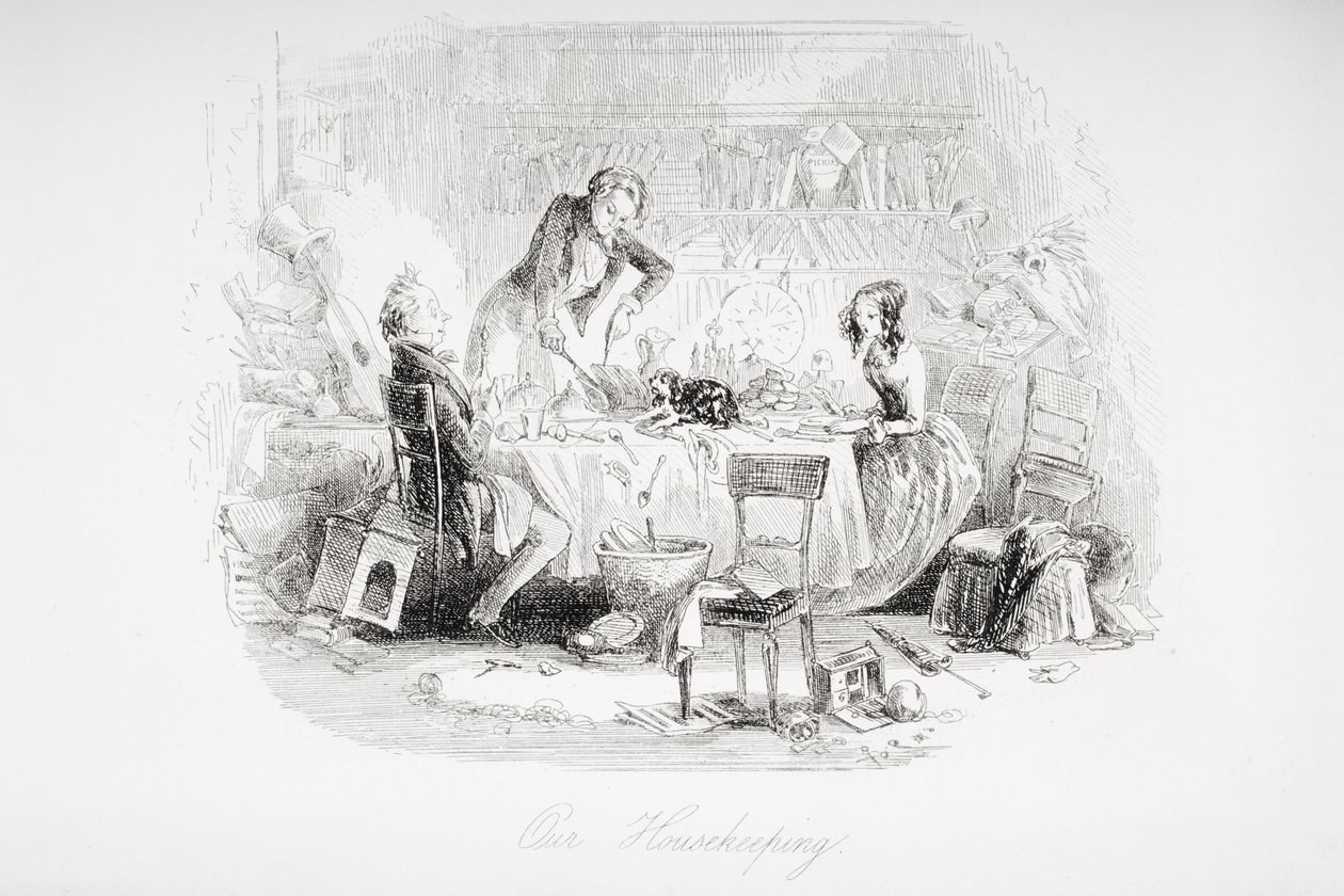 Vores husholdning, illustration fra "David Copperfield" af Charles Dickens (1812-70), første gang udgivet i 1850 af Hablot Knight Browne
