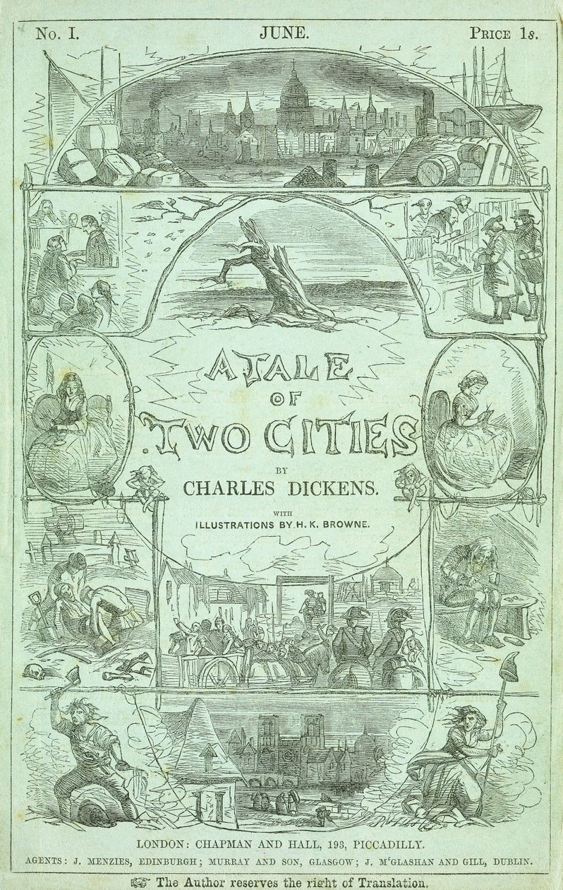Titelside fra første del af den første udgave i serialiserede dele af bogen "A Tale of Two Cities" af Charles Dickens, 1859 af Hablot Knight Browne