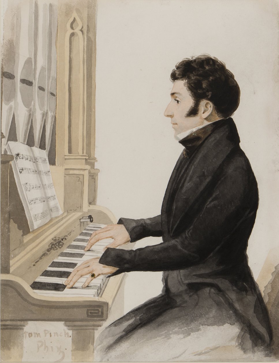 Tom Pinch spiller på Salisbury orgel (wc på papir) af Hablot Knight Browne