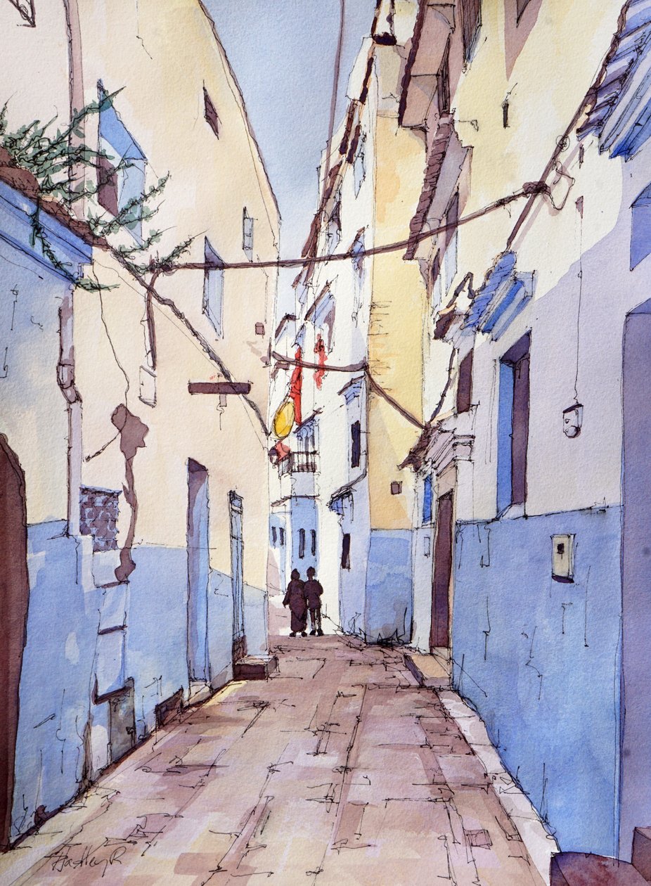 En stille gåtur, Chefchaouen, Marokko, ca. 2024 (akvarel og blæk) af Hadley Rampton