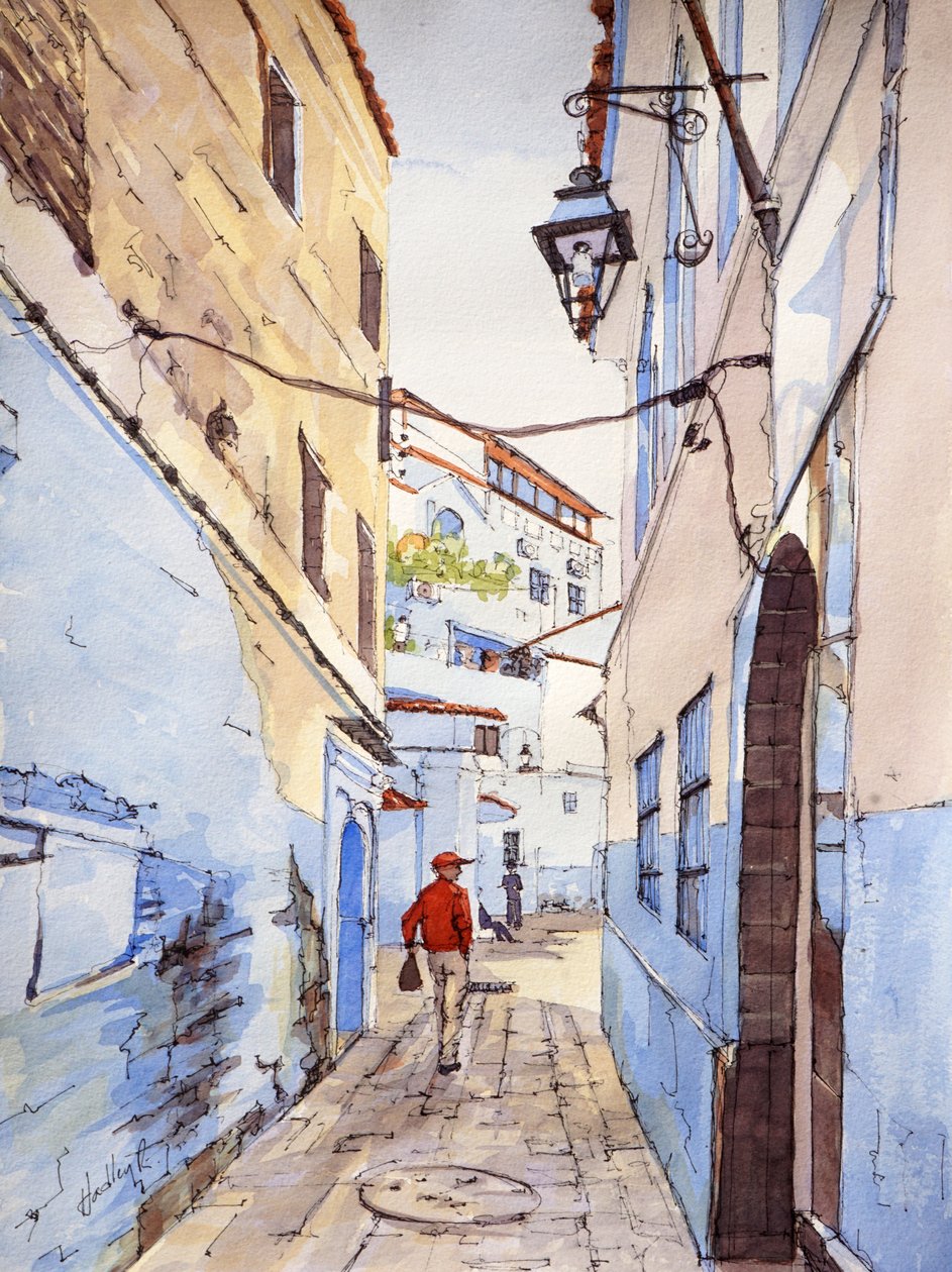 En besøgende, Chefchaouen, Marokko, ca. 2024 (akvarel og blæk) af Hadley Rampton