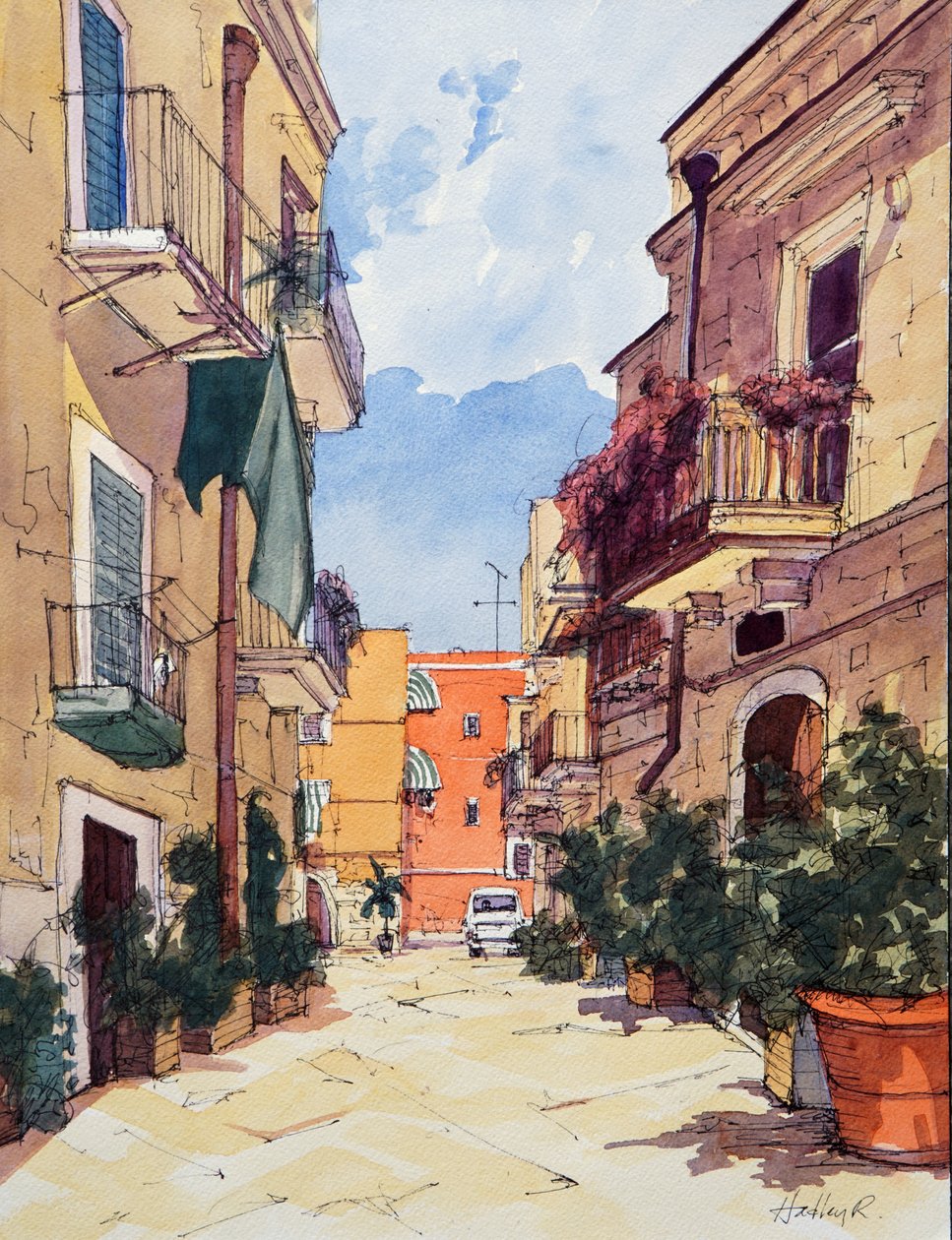 Den gamle bydel, Bari, Italien, ca. 2024 (akvarel og blæk på papir) af Hadley Rampton