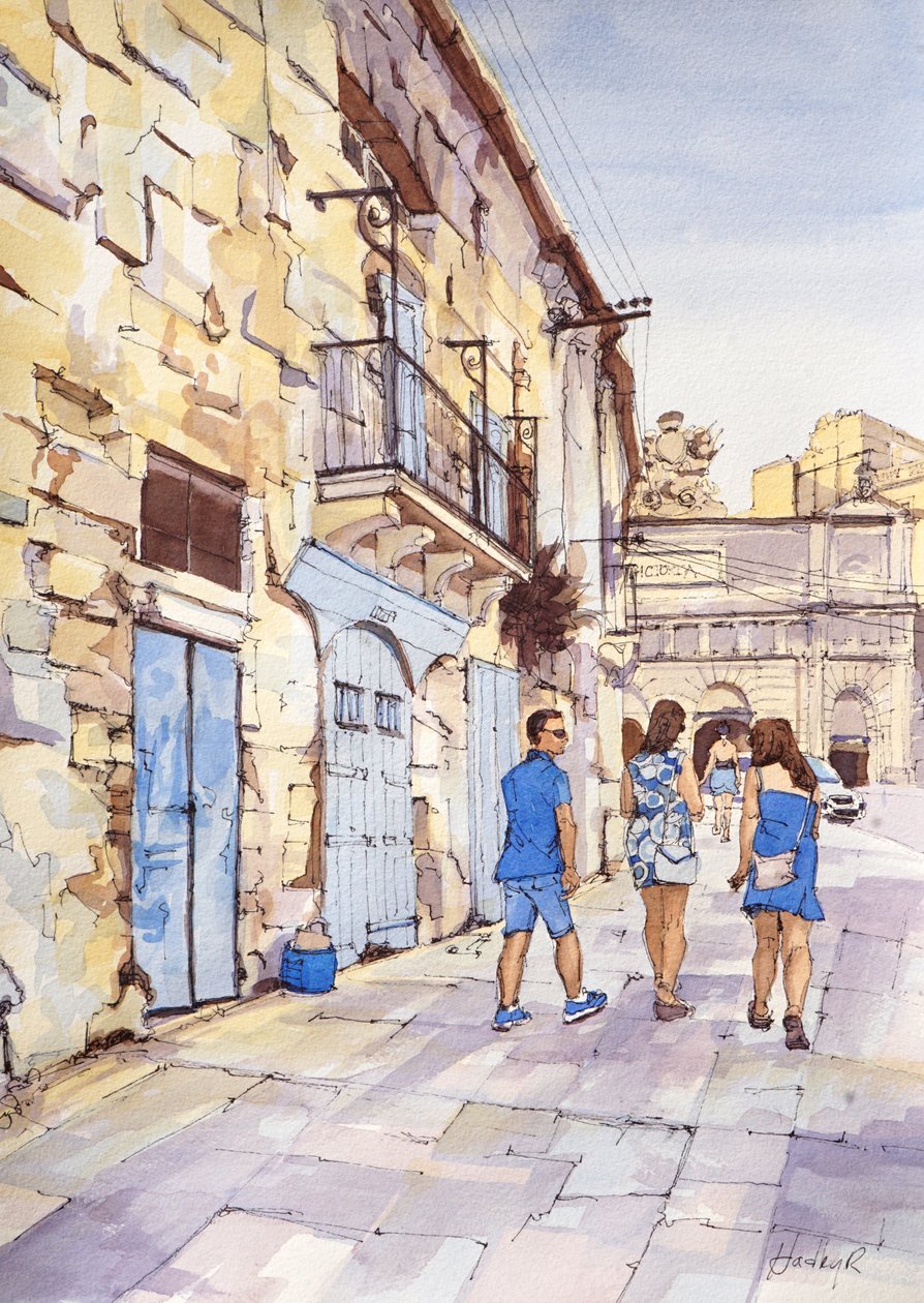 Trekant i blåt, Valletta, Malta, ca. 2024 (akvarel og blæk) af Hadley Rampton