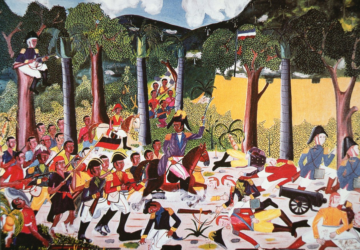 Haitiere under Jean Jacques Dessalines besejrer Napoleons tropper (olie på lærred) af Haitian School