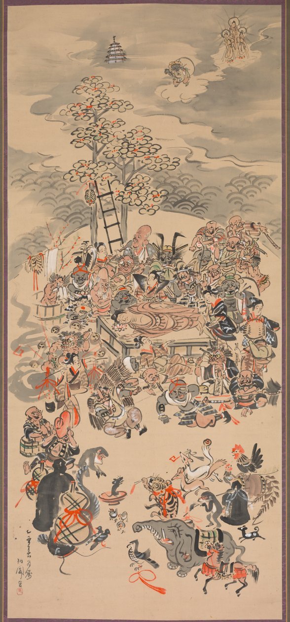 Parinirvana med Otsu-e-emner, 1800-tallet. af Hakuen