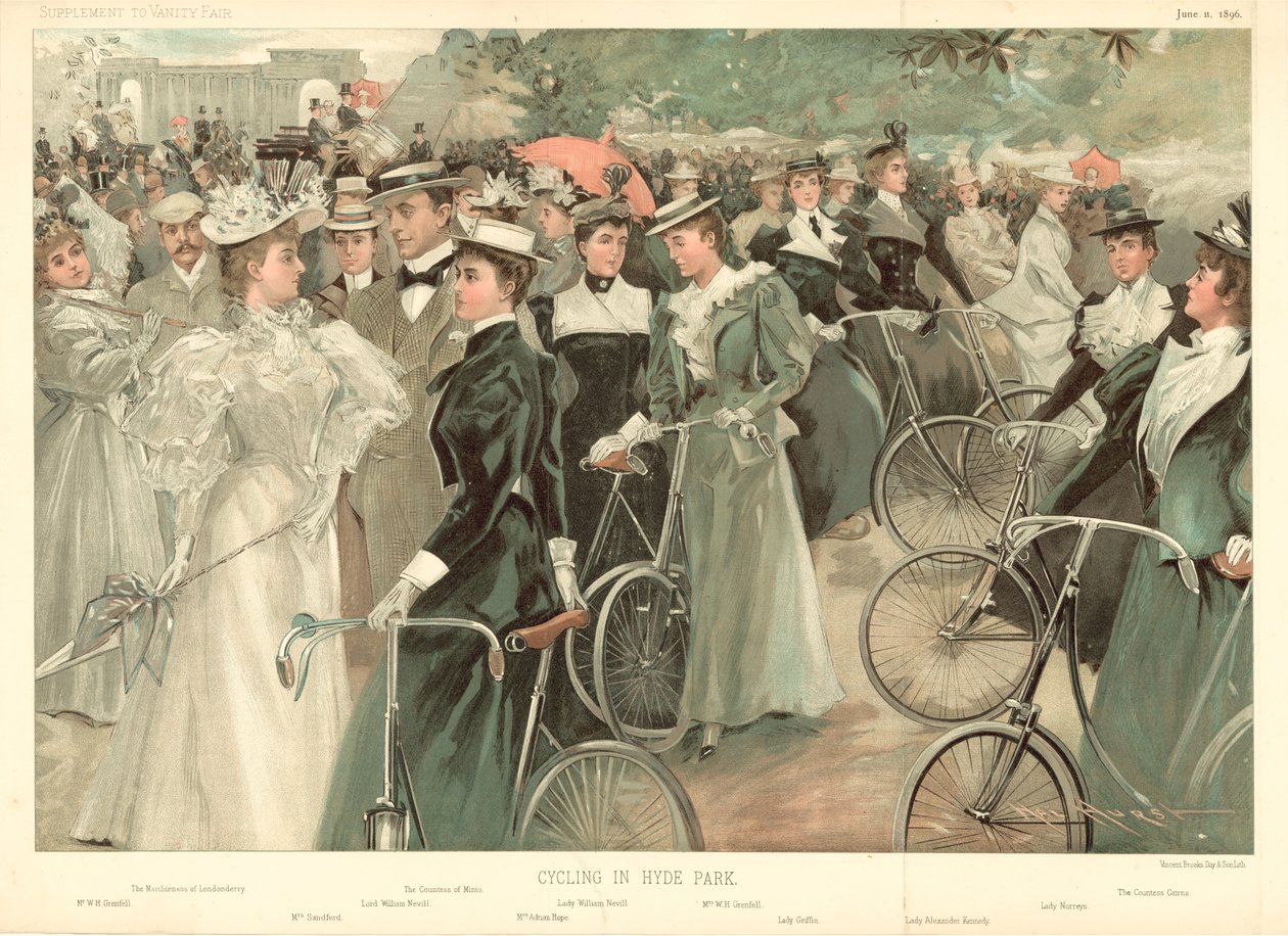 Cykling i Hyde Park (farvelitografi) af Hal Hurst