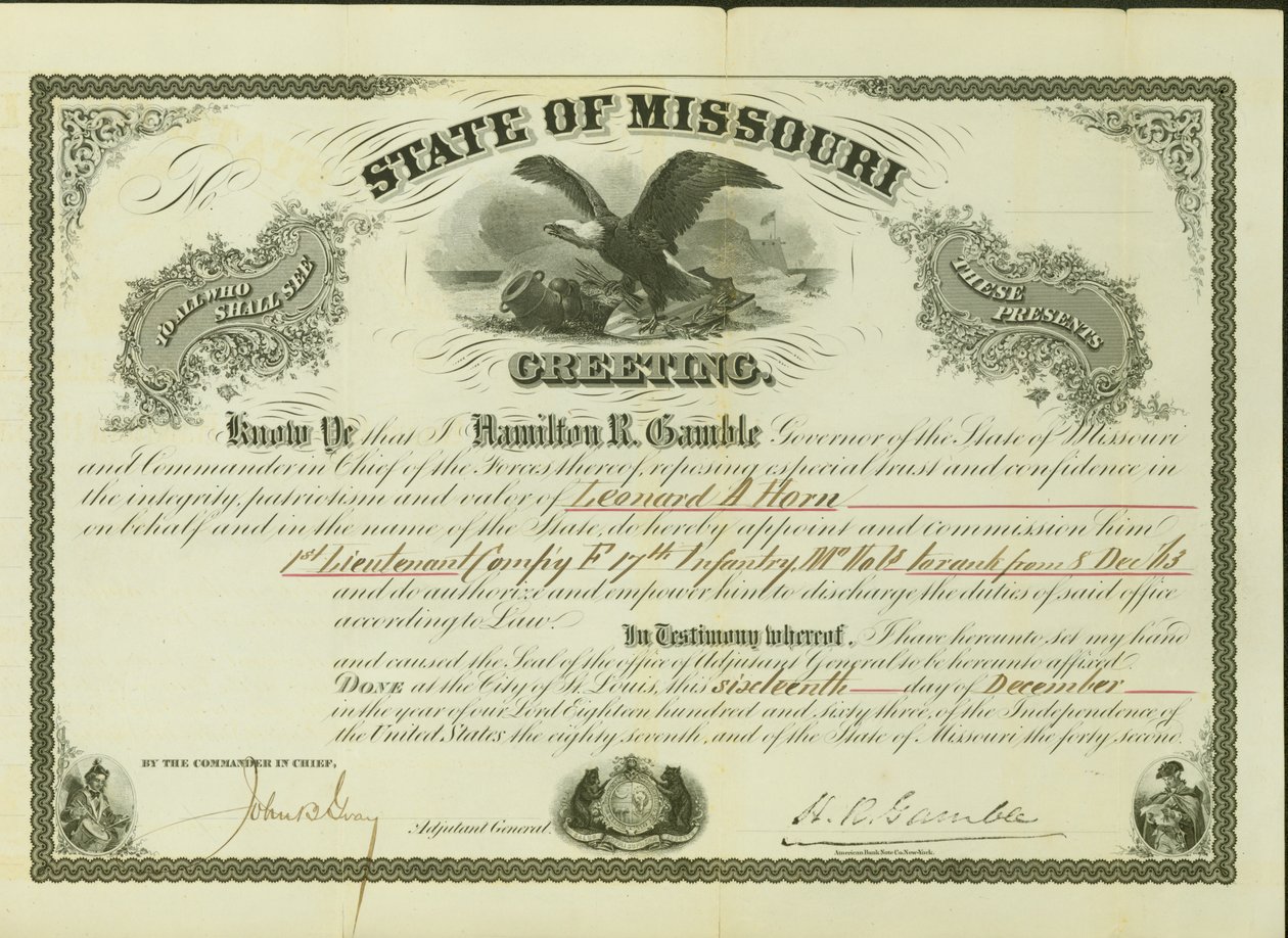 Udnævner Horn til 1. løjtnant, kompagni F, 17. Missouri -infanteri, til rang fra 8. december 1863 af Hamilton Rowan Gamble