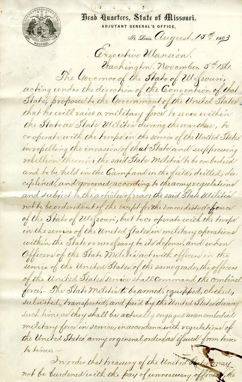 Med hensyn til at rejse og hverve milits inden for Missouri og samarbejde med amerikanske styrker af Hamilton Rowan Gamble