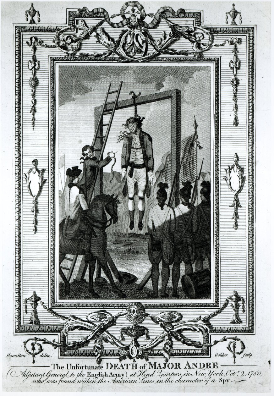Den uheldige død af major Andre, generaladjudant for den engelske hær, i hovedkvarteret i New York, 2. oktober 1780, indgraveret af John Goldar (1729-1795) af Hamilton