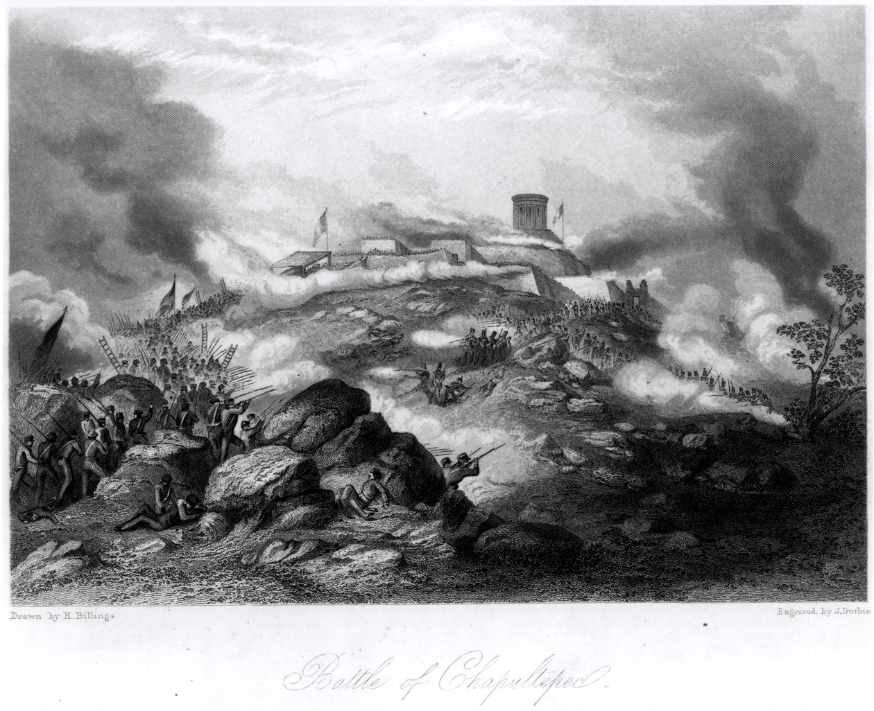 Slaget ved Chapultepec, 1847, graveret af J. Duthie af Hammatt Billings