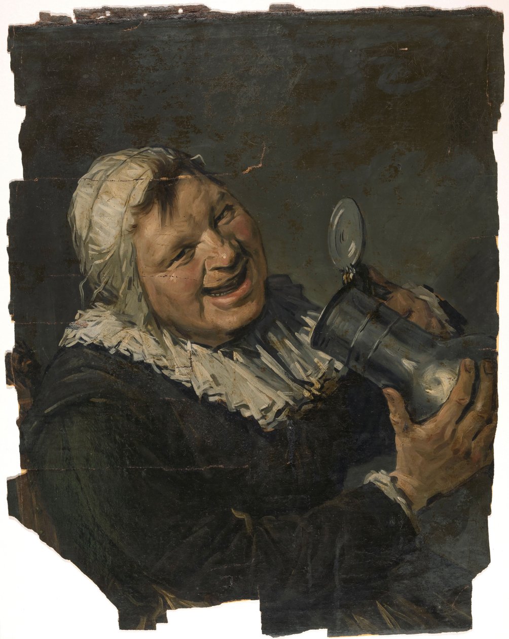 Malle Babe. En smilende gammel kvinde rejser en kande til munden. Malet i stil med Frans Hals af Han van Meegeren