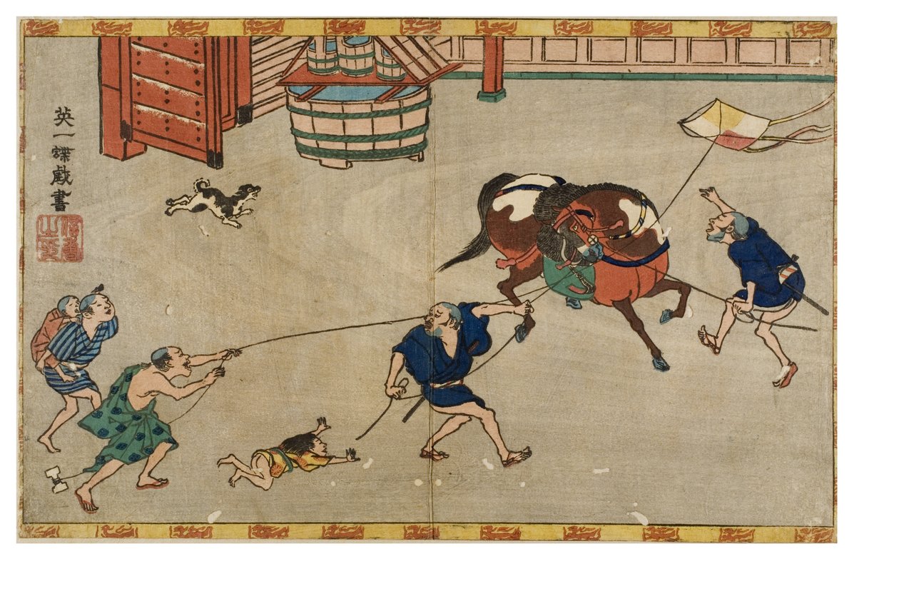 Hest skræmt af drage, ca. 1830-1839 (træbloktryk på papir) af Hanabusa Itcho