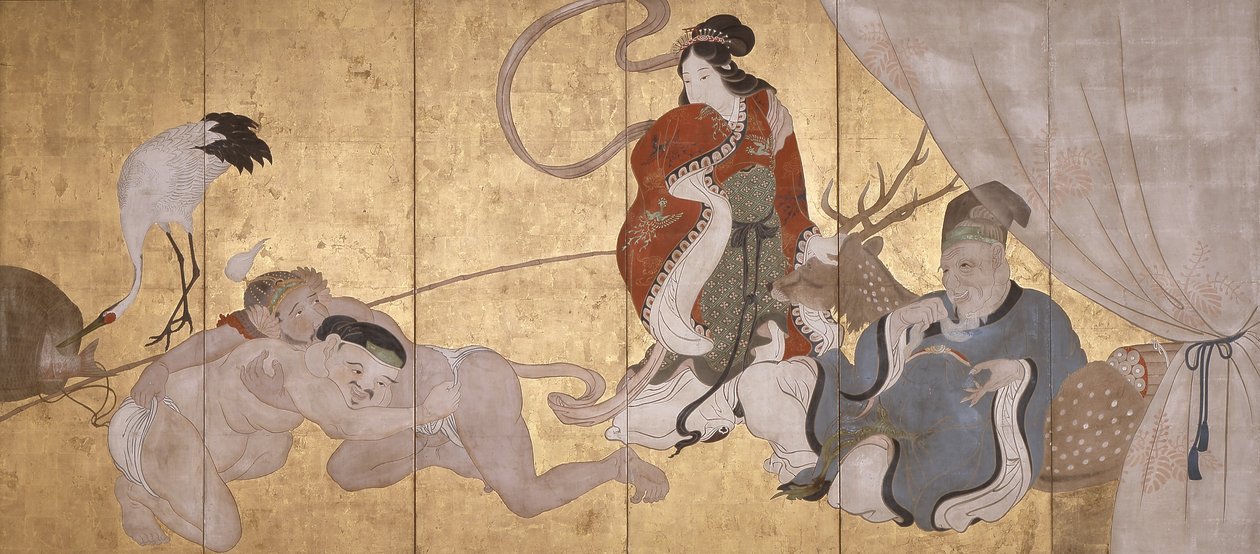 Seven Gods Of Good Fortune (blæk, farve og bladguld på papir, seksdobbelt skærm) af Hanabusa Itcho