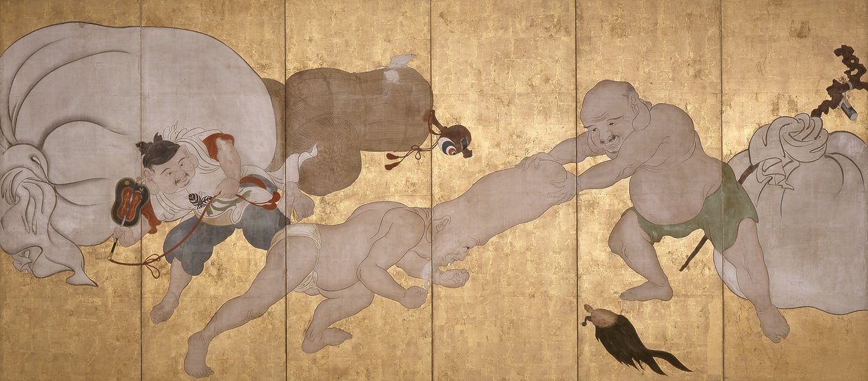 Seven Gods Of Good Fortune (blæk, farve og bladguld på papir, seksdobbelt skærm) af Hanabusa Itcho