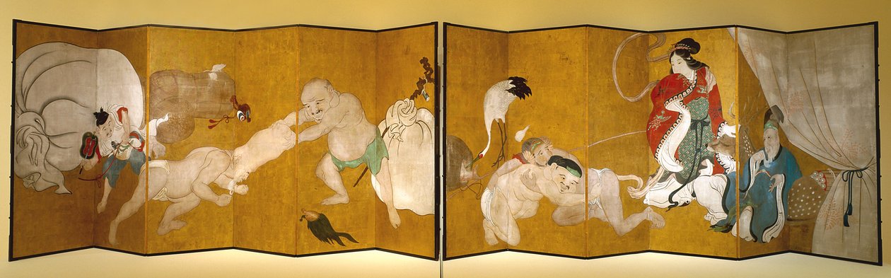 Seven Gods Of Good Fortune (blæk, farve og bladguld på papir, seksdobbelt skærm) af Hanabusa Itcho