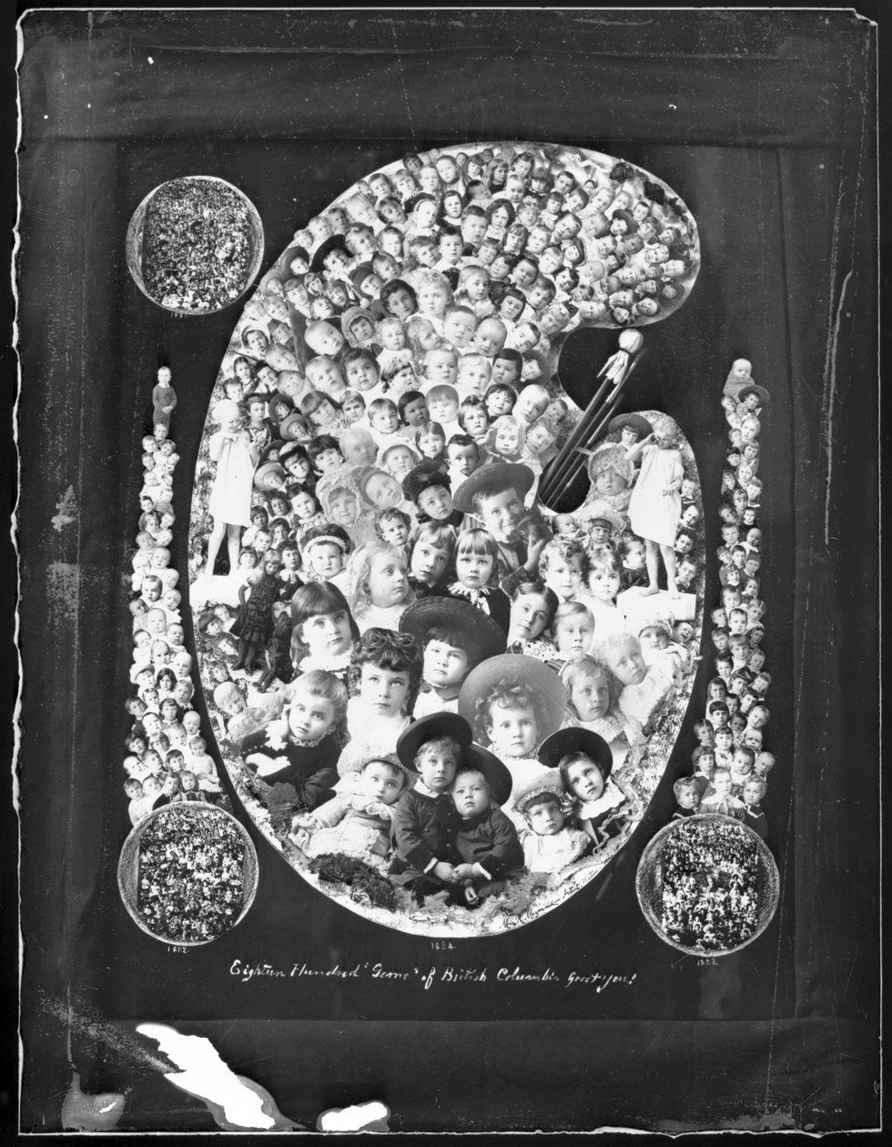 1884; Eighteen Hundred Gems of British Columbia Greet You!; sammensat foto bestående af børneportrætter taget året før, 1885 (sort foto) af Hannah Maynard