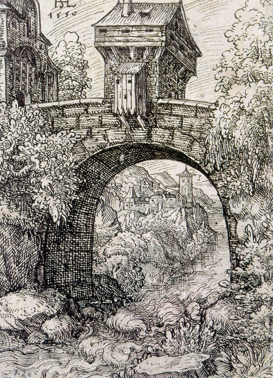 Landskab med broport og vand, ca. 1550 (radering) af Hanns Sebald Lautensack