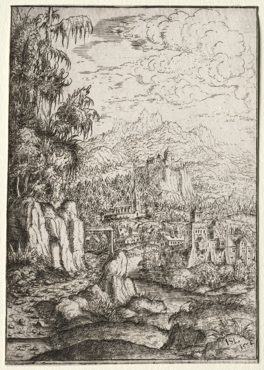 Landskab med en vej til et slot på en ø i en flod, 1554. af Hanns Sebald Lautensack