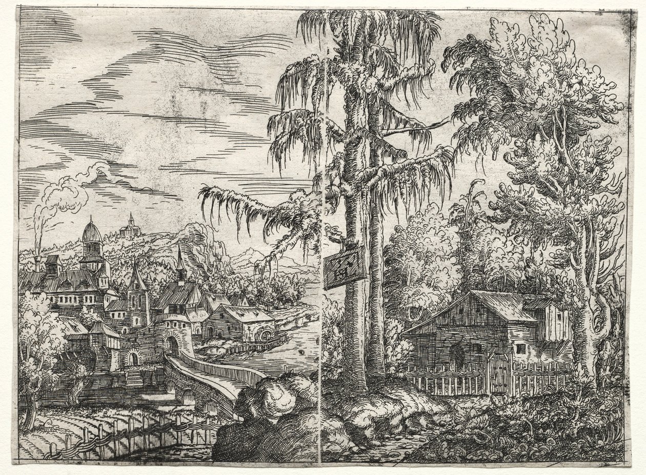 Landskab med byen ved en flod og hytten mellem træer, 1551. af Hanns Sebald Lautensack