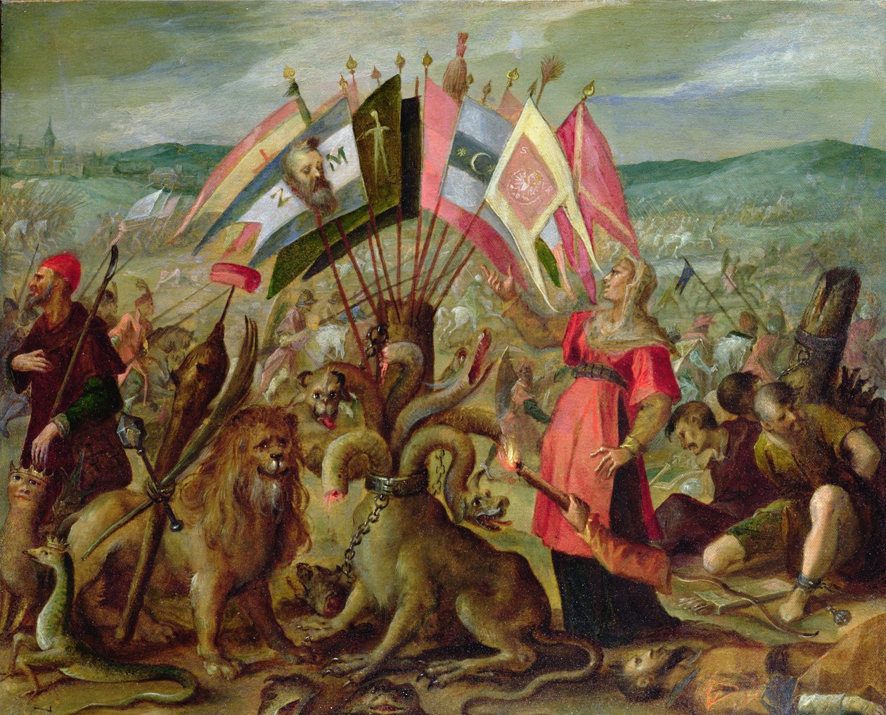 Allegori over de tyrkiske krige: Slaget ved Kronstadt, 160304 (papir eller pergament monteret på lærred) af Hans von Aachen