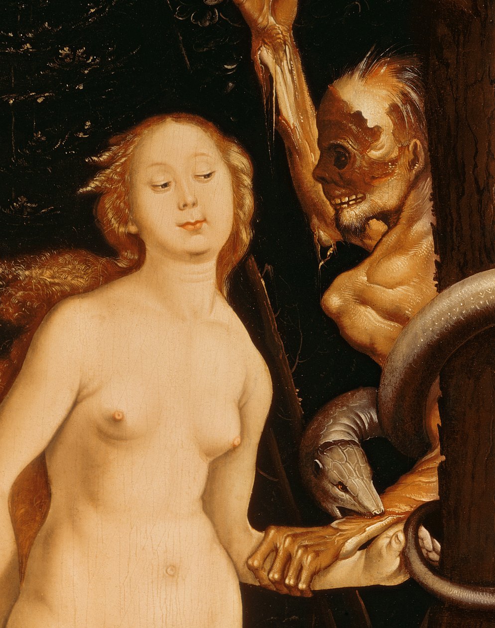 Eva, slangen og døden olie på paneldetalje af 35456 af Hans Baldung Grien