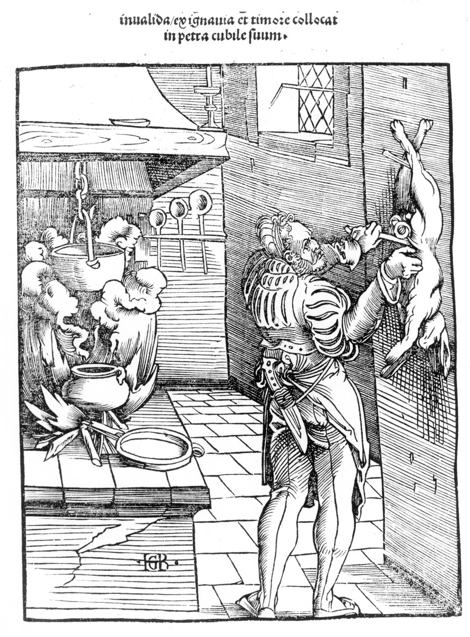 Udsigt over et køkken fra det sekstende århundrede med kok, der renser en kanin af Hans Baldung Grien