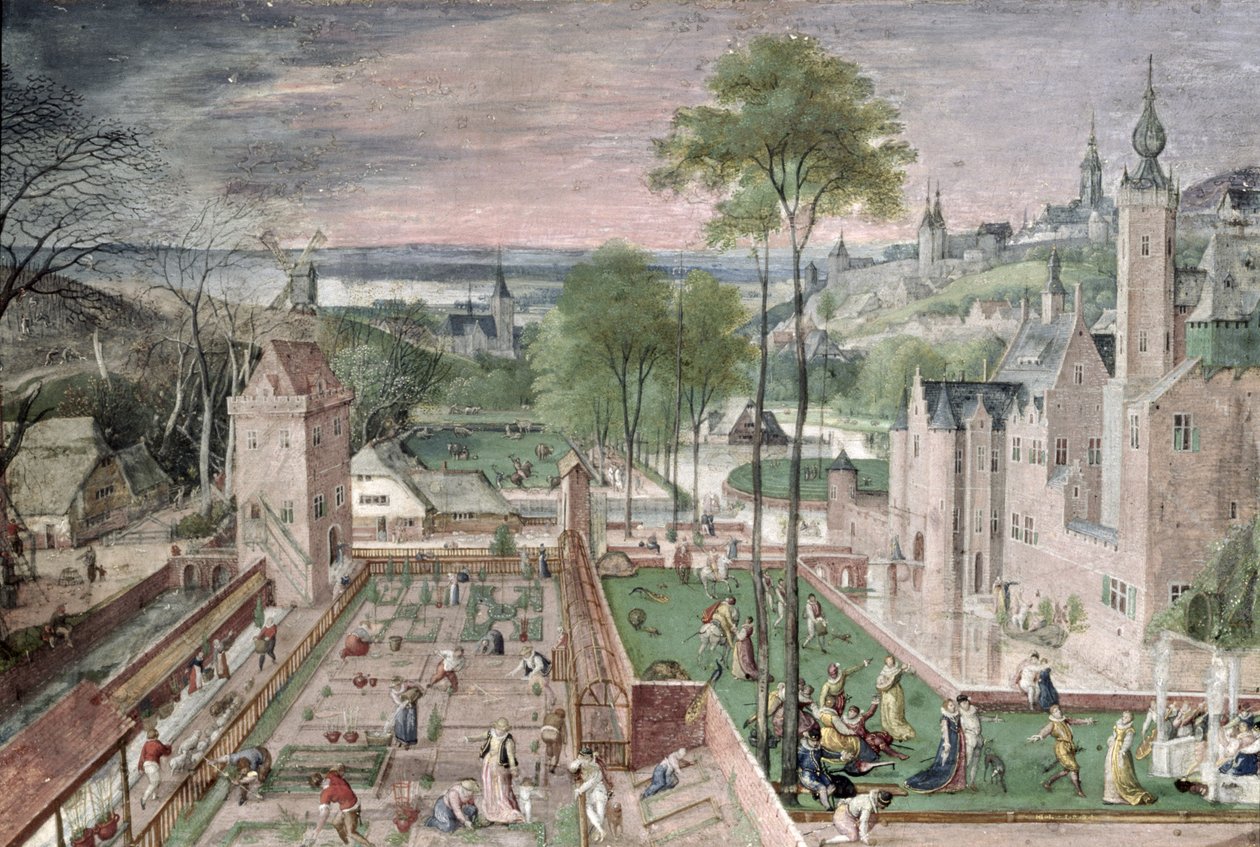 Forår i Slotshaven, 1584 (gouache på papir ombord) af Hans Bol