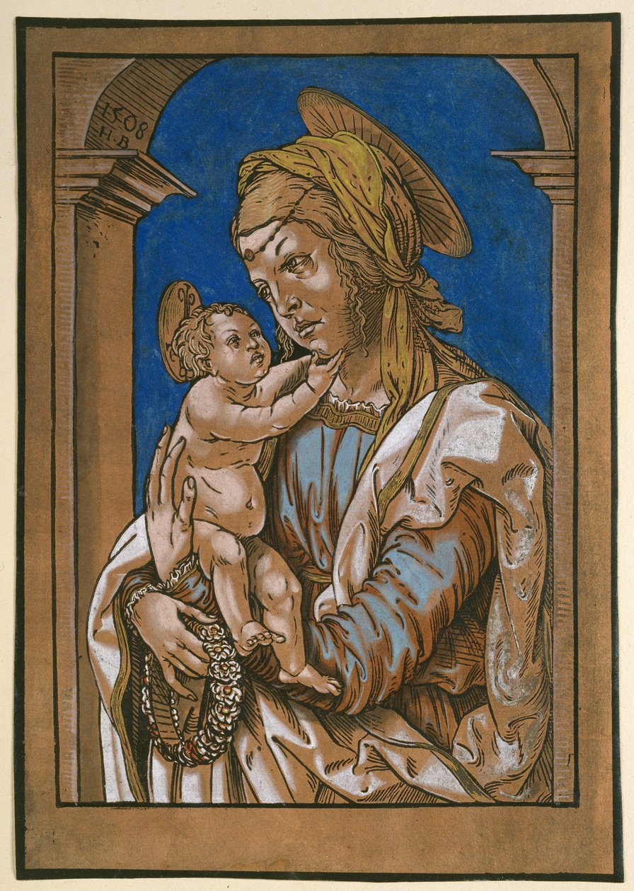 Madonna og barn under en bue, 1508 (træsnit, overarbejdet med akvarel og bodycolour) af Hans Burgkmair