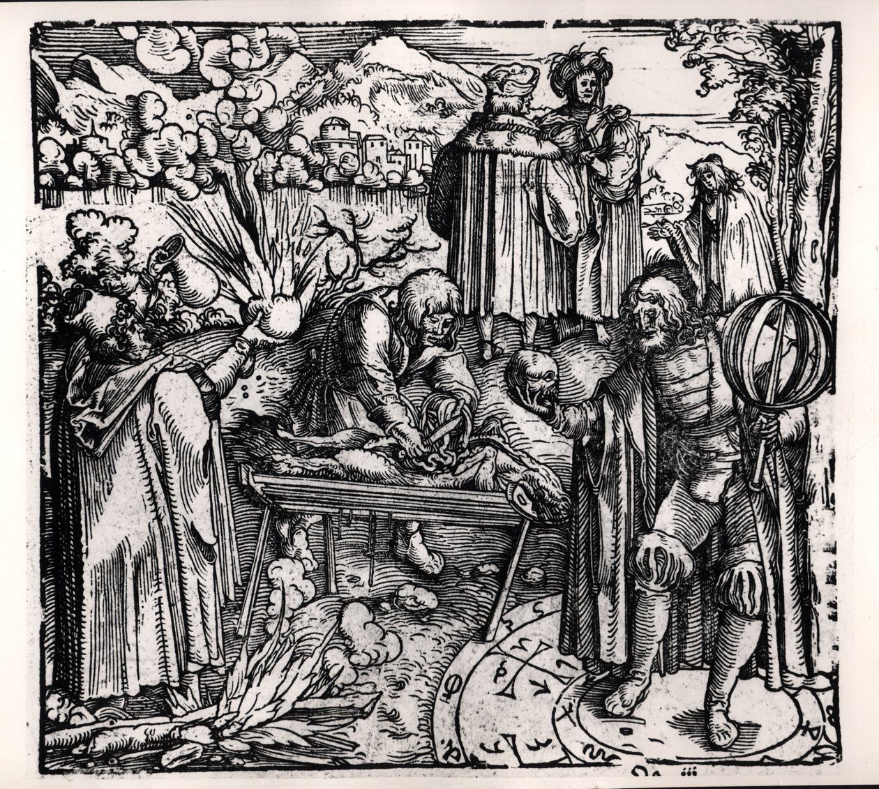 Scener med spådomskunst, herunder haruspication, pyromanti og nekromanti af Hans Burgkmair