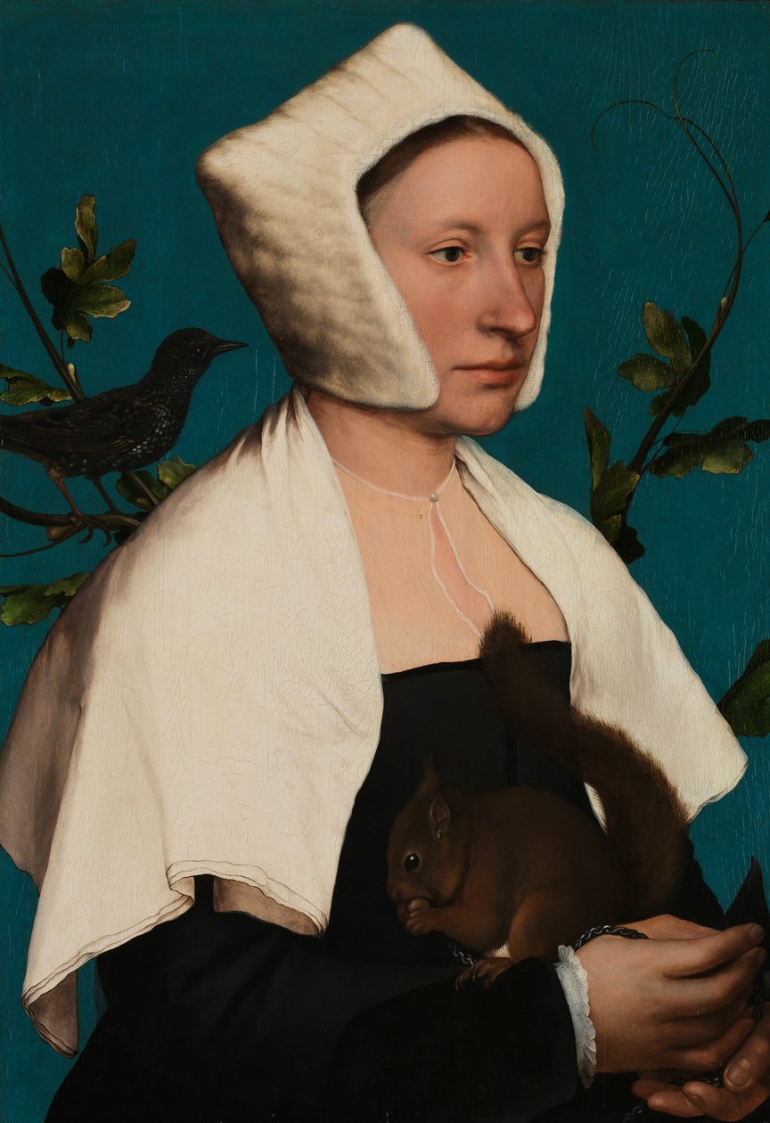 Portræt af en dame med et egern og en stære, sandsynligvis Anne Lovell af Hans Holbein