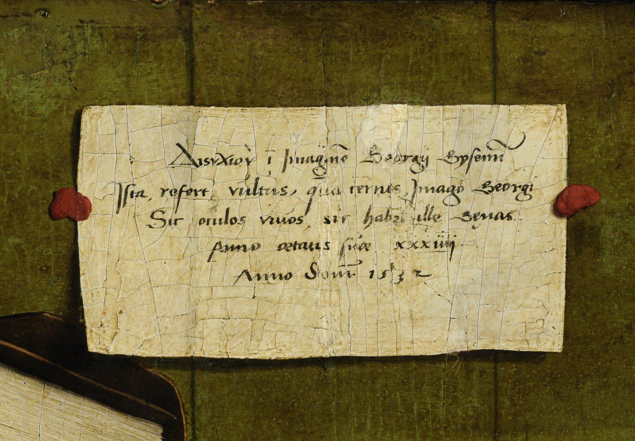 Detalje af portræt af købmanden Georg Gisze. Det latinske digt (med græsk titel) af Hans Holbein der Jüngere
